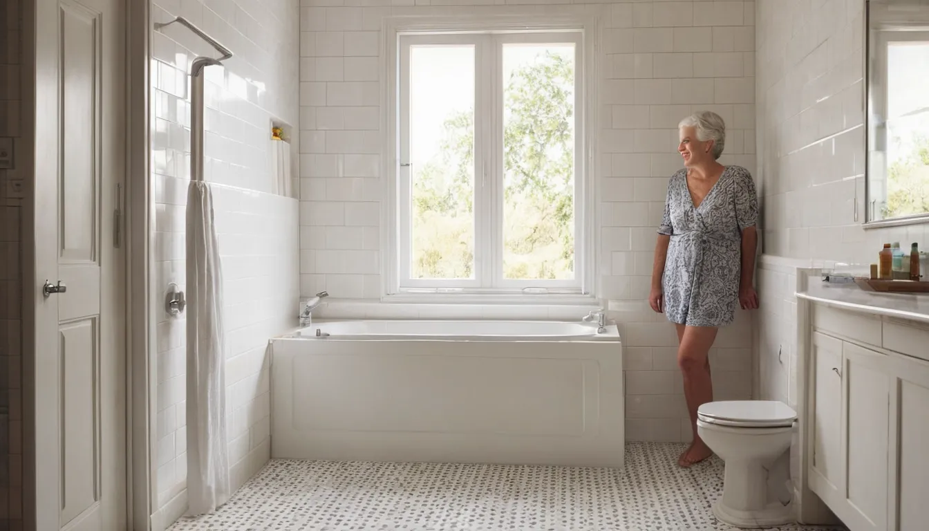 A smiling older homeowner at the door of a walk-in tub in a bright bathroom near Santa Monica